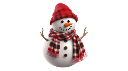 A friendly snowman with a carrot nose stands isolated on a white background