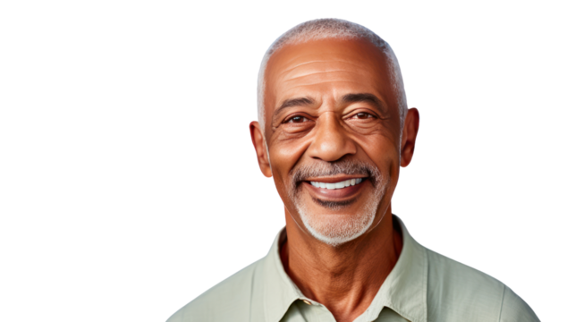 portrait of a smiling African American senior man in a casual shirt isolated on transparent and white background.PNG image.	