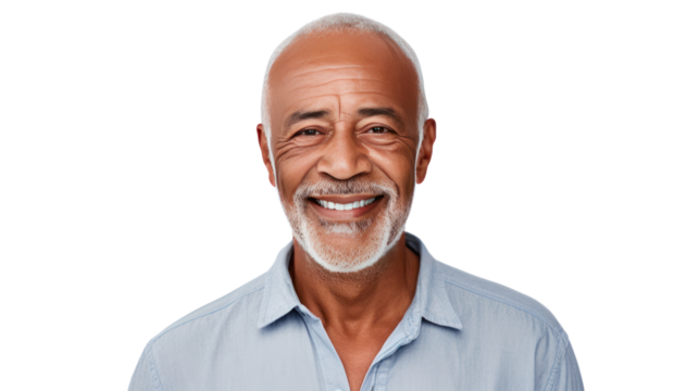 Smiling senior mixed race Caribbean man isolated on white background. 