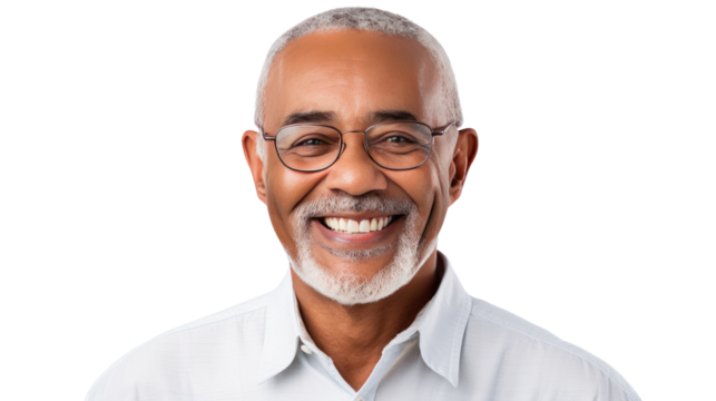 Smiling senior mixed race Caribbean man isolated on white background. 