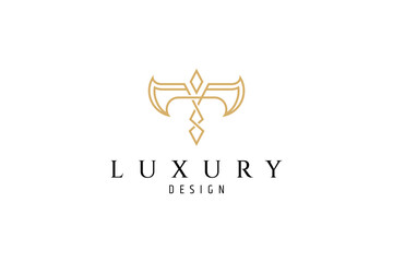 Axe logo in elegant outline linear vector design style