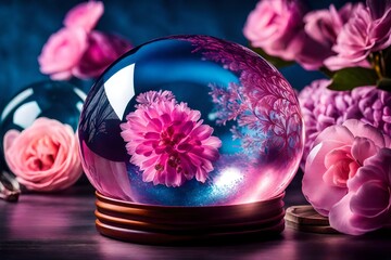 Obraz na płótnie Canvas Immerse yourself in the otherworldly elegance of a super realistic stock photo showcasing a Crystal ball in a harmonious blend of pink and blue hues.