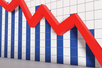 White and blue square kitchen tiles forming the stock bar charts with a red downward trend line in front of it. Illustration of the concept of the declining stock prices and recession