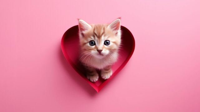 A cute and attractive kitten surrounded by a red heart on a pink background
