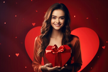 A beautiful woman with a heart-shaped gift box against a red backdrop