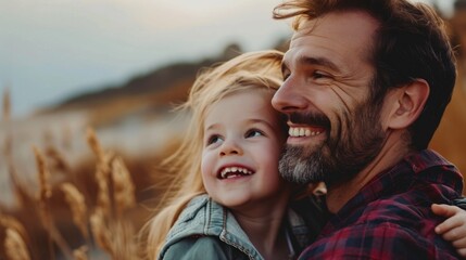 Heartwarming Embrace Between Smiling Father and Daughter in Sunlit Wheat Field
