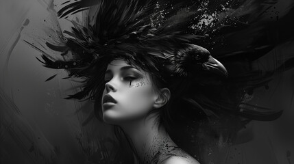 Gothic art featuring a black and white depiction of a woman adorned with an abstract representation of crow feathers on her head.

