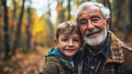 Fototapeta na wymiar Fall Forest Fun: Joyful Grandfather and Grandson Walking Together