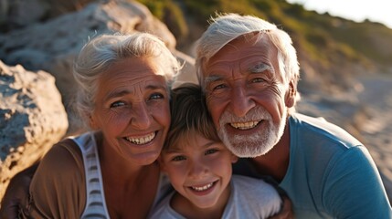 Beachside Fun with Smiling Grandparents and Grandson at Sunset