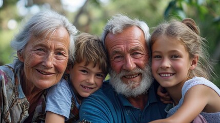 Fototapeta premium Joyful Grandparents with Grandchildren Embracing in a Garden