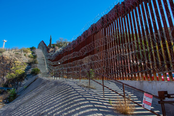 United States Mexico Border Wall between Nogales Arizona and Nogales Sonora on International Street...