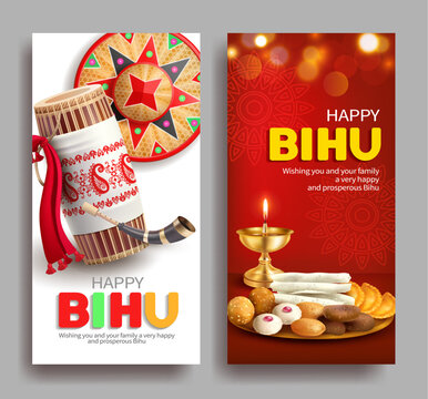 Greeting banners with drum (dhol, onoinya) decorated with gamosa, japi (bamboo hat) and sweets (laddu, pitha) for North Indian Assamese New Year (and harvest) festival Rongali (Bohag) Bihu. Vector.