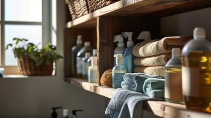 Naklejka premium Warm sunlight bathes a wooden shelf stocked with eco-friendly cleaning supplies, towels, and greenery, creating a cozy and sustainable cleaning nook.