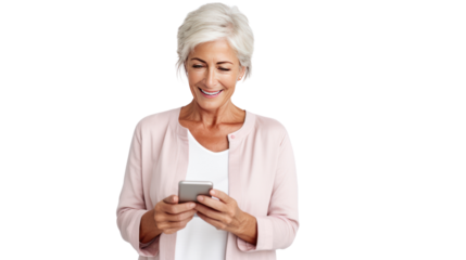 Portrait of Happy senior woman using mobile phone isolated on white background.