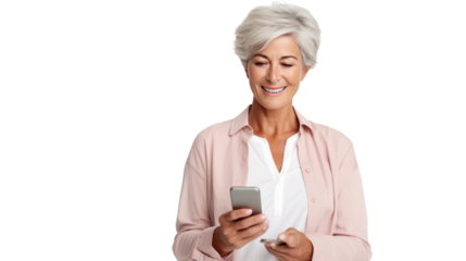 Portrait of Happy senior woman using mobile phone isolated on white background.