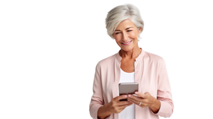 Portrait of Happy senior woman using mobile phone isolated on white background.