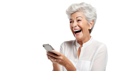 Portrait of Happy senior woman using mobile phone isolated on white background.