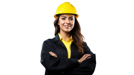 Portrait of Female engineer happy with workplace, isolated on white background.