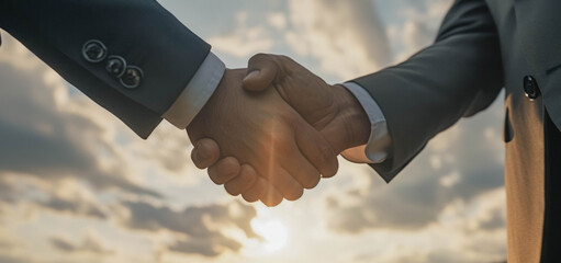 Two business partners shake hands in a gesture of trust and collaboration, sealing a deal that will benefit both companies.