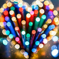 Blurred heart made of shiny pens and markers on blurred background