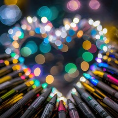 Heart made of markers with bokeh background