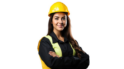 Portrait of Female engineer happy with workplace, isolated on white background.