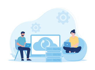 synchronization of cloud data storage on a laptop concept flat illustration