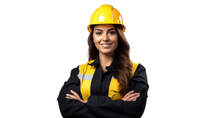 Portrait of Female engineer happy with workplace, isolated on white background.