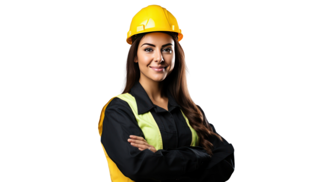Portrait of Female engineer happy with workplace, isolated on white background.