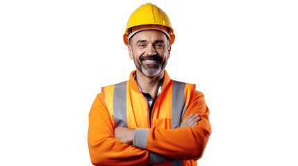 Portrait of engineer man happy with workplace, isolated on white background. - obrazy, fototapety, plakaty