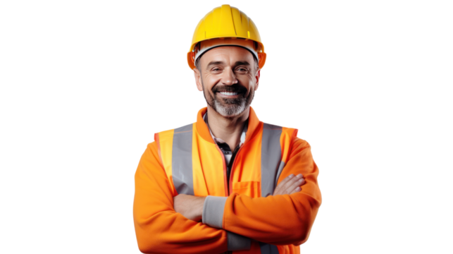 Portrait of engineer man happy with workplace, isolated on white background.