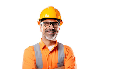 Portrait of engineer man happy with workplace, isolated on white background.