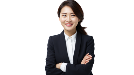 Portrait of a smiling asian businesswoman standing with arms folded isolated on transparent and white background.PNG image.