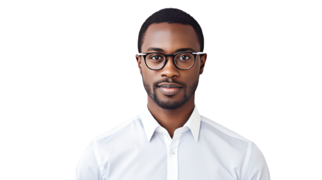 Portrait of confident businessman, dark skin, short hair, glasses isolated on transparent and white background.PNG image.