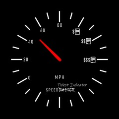 Speedometer on black background. Speed Ticket Indicator. Automotive Humor.