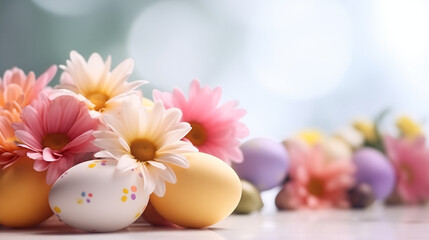 Fototapeta na wymiar Easter background with eggs and flowers, Easter eggs and flowers, Happy Easter day colorful eggs and flower decoration background. copy space middle on background, Ai generated image