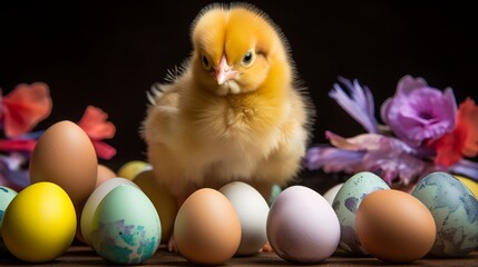 Adorable easter scene: fluffy chicken chick surrounded by colorful easter eggs in a springtime setting
