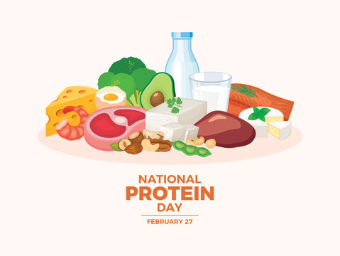 National Protein Day poster vector illustration. Meat, milk, cheese, tofu, nuts and other proteins still life vector. Pile of fresh healthy foods graphic design element. February 27 every year - Powered by Adobe