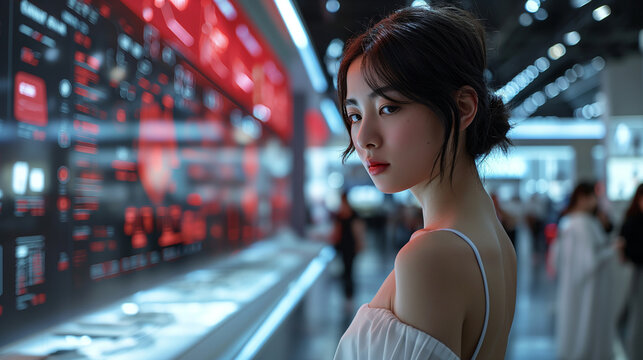 woman in an off-shoulder top looks at a futuristic, glowing red interactive display in a busy, modern shopping area AR, AI