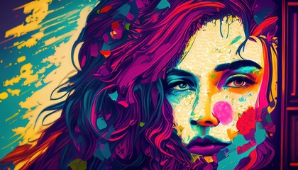 Illustration of close up portrait of a pretty girl in bright colors.