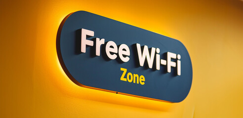 Free wifi sign on yellow wall. 3d render. Technology concept