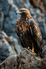 The intense gaze of a golden eagle, perched on a rocky ledge