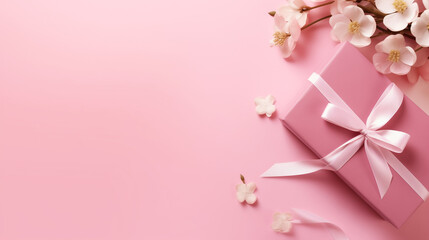 Fototapeta na wymiar pink flower and gift on pink background. copy space on background, pink gerber flowers in vase, pink and white flowers, pink box with flowers, Ai generated image 