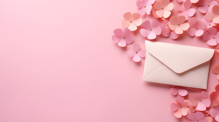 pink and white hearts, Pink flowers, envelope, hearts on pastel pink background copy space on background,  pink rose and heart shaped box, Ai generated image
