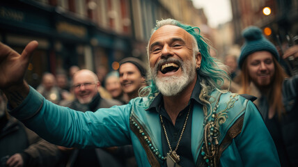 Obraz premium Celebratory Moments: Joyful Man at St. Patrick's Day Parade in Dublin, Vibrant Crowd Scene - AI Generated