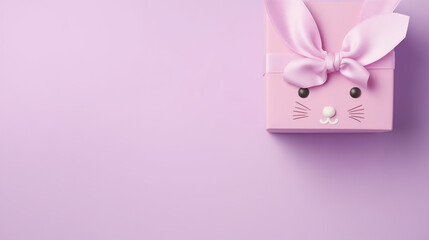 easter bunny with ribbon, Top view of easter bunny giftbox with ears paws and muzzle on isolated pastel pink background with copyspace, Ai generated image