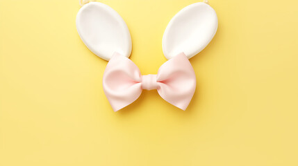 easter egg with ribbon, easter bunny with eggs, Top view of yellow pink white eggs easter bunny ears on isolated pastel pink background with empty space, Ai generated image 
