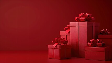 Fototapeta premium All red gift box concepts blank opening gift box product display showcase isolated on dark red background for christmas valentines and chinese new year days decoration minimal conceptual 3D rendering