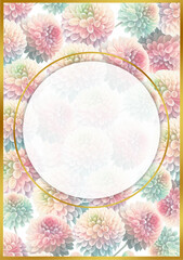 vertical postcard template with watercolor pink green flowers and gold frame
