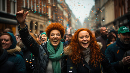 Womens Enjoying St. Patrick's Day Parade, Dublin - Vibrant Crowd Festivities - AI Generated - obrazy, fototapety, plakaty